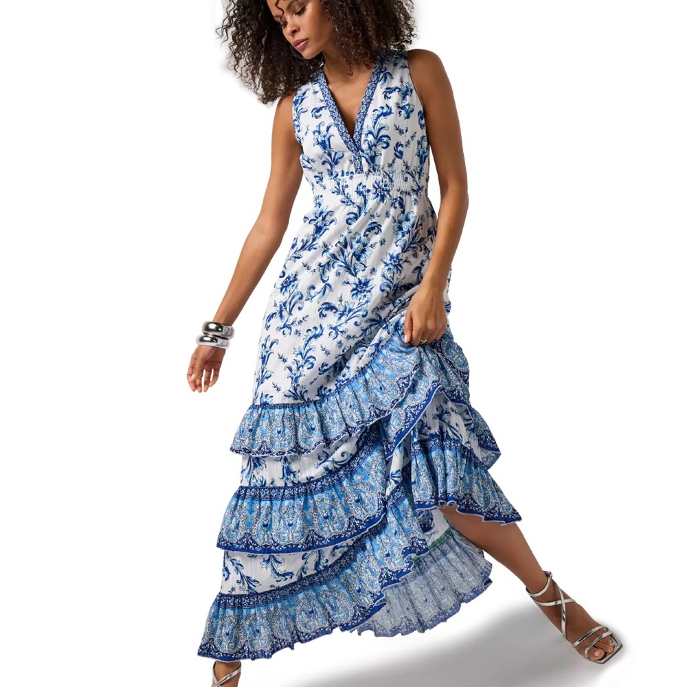 Boston Proper Border Print Tiered Maxi Dress XS NWT